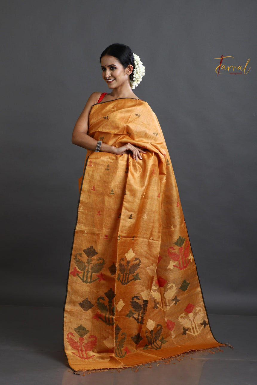 Golden Yellow with black border pure tusser silk handwoven jamdani saree - Tamal Boutique
