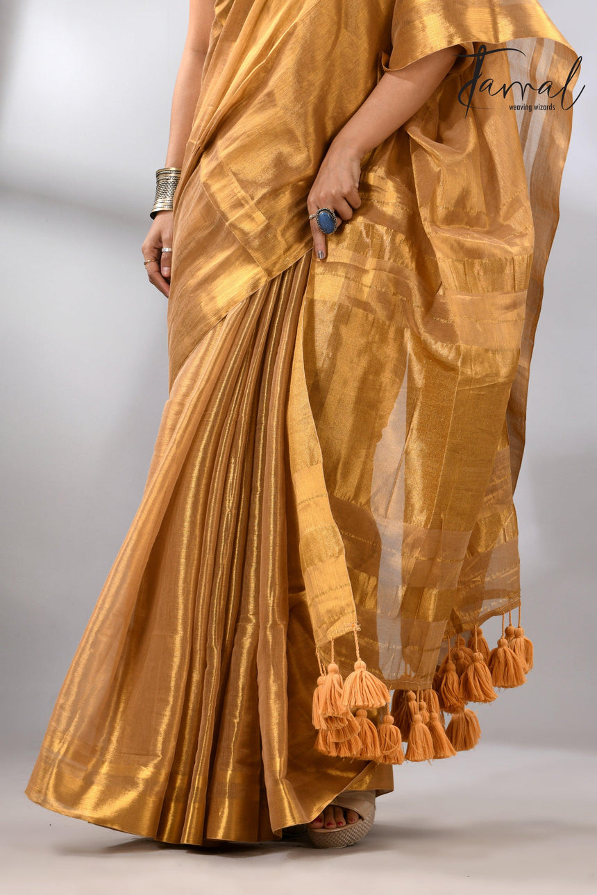Golden tissue handloom saree bottom