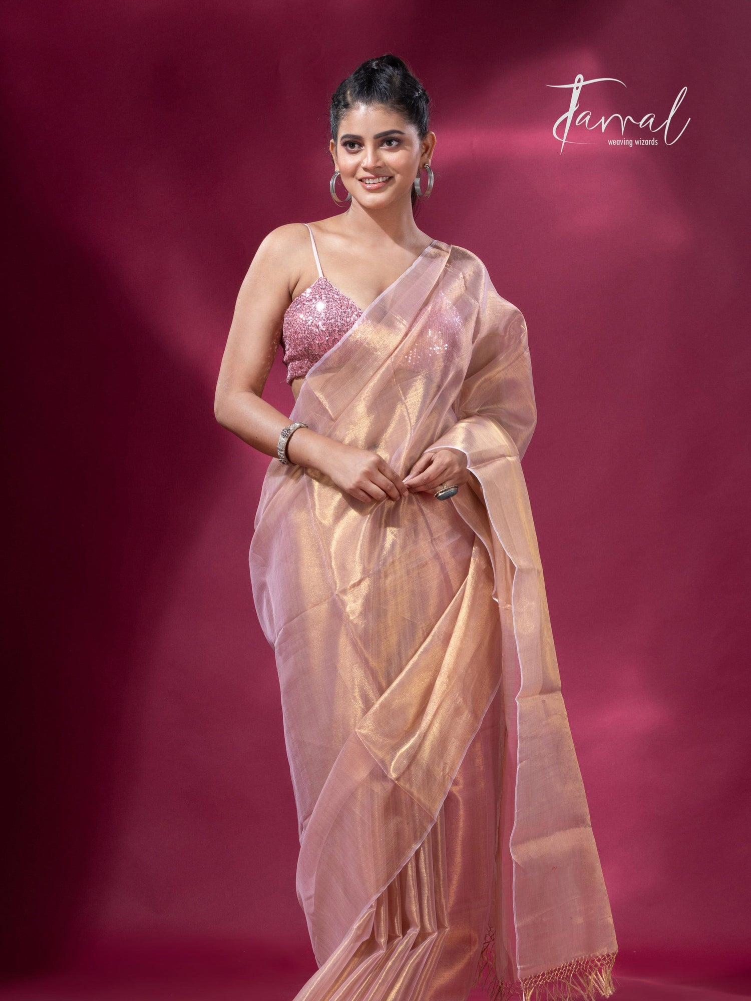 Golden pink organza silk tissue handloom saree - Tamal Boutique