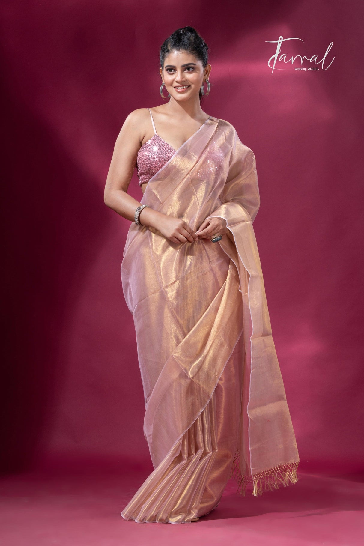 Golden pink organza silk tissue handloom saree - Tamal Boutique