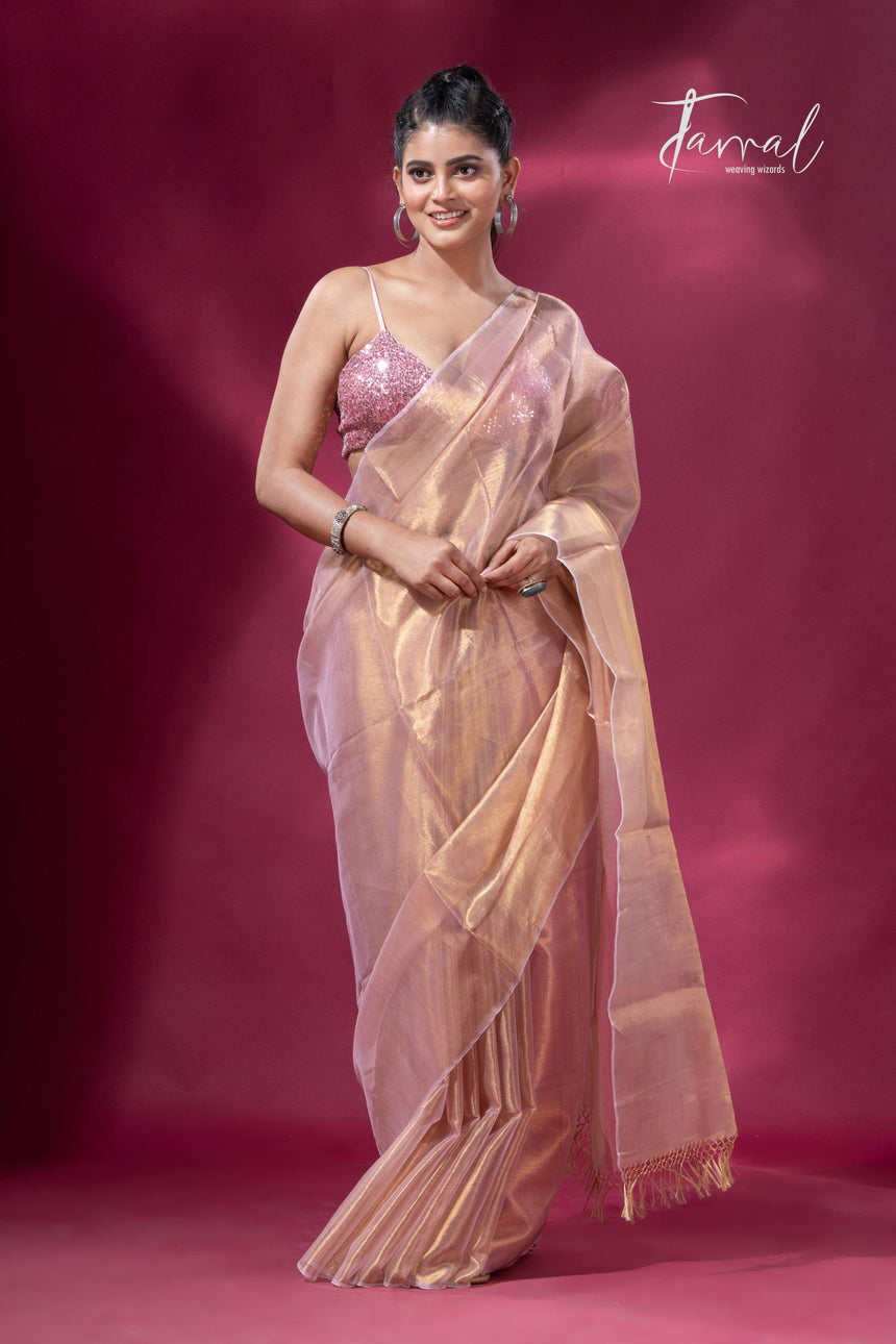 Golden pink organza silk tissue handloom saree - Tamal Boutique
