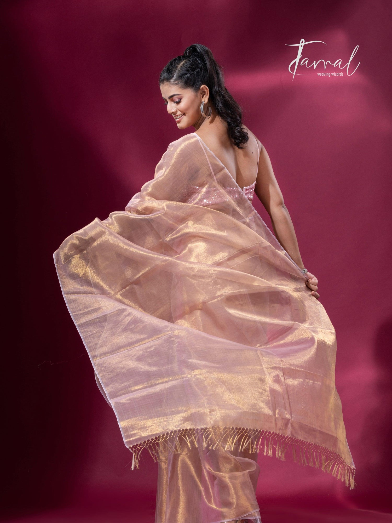 Golden pink organza silk tissue handloom saree - Tamal Boutique
