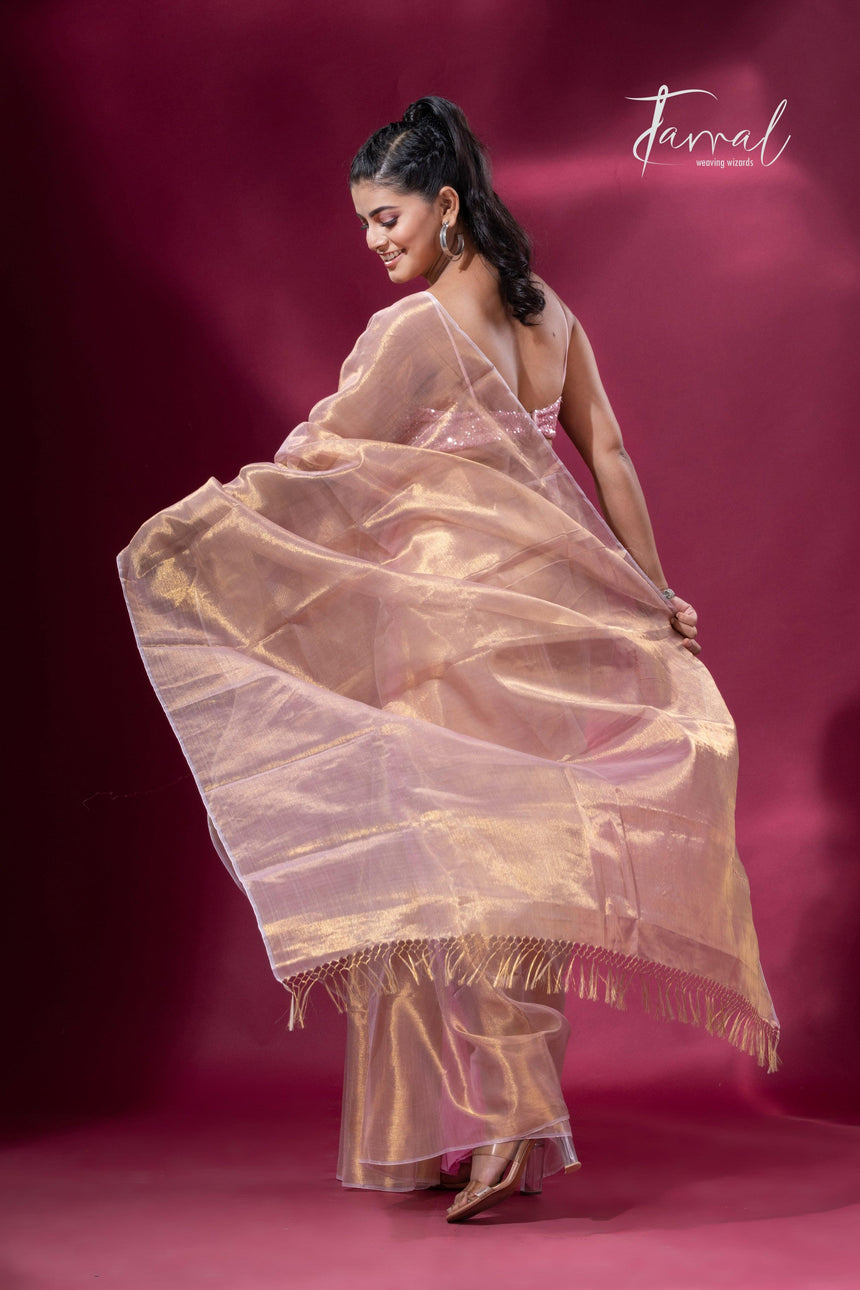 Golden pink organza silk tissue handloom saree - Tamal Boutique