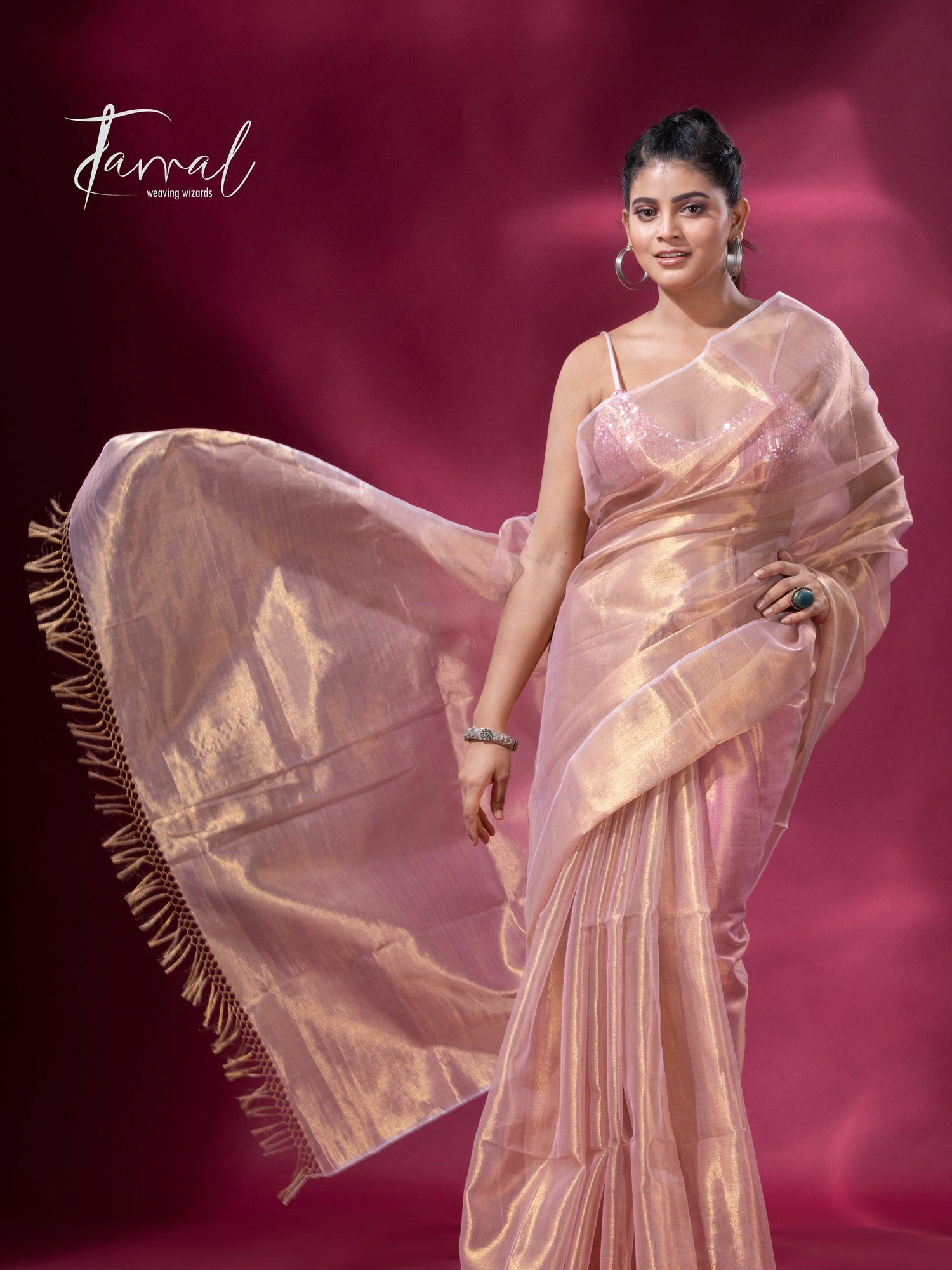 Golden pink organza silk tissue handloom saree - Tamal Boutique