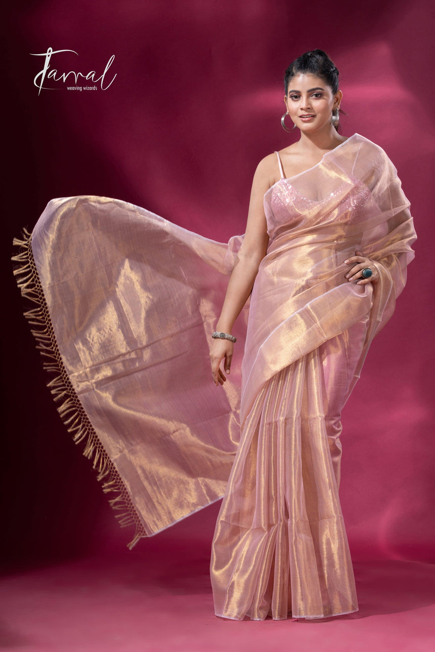 Golden pink organza silk tissue handloom saree - Tamal Boutique