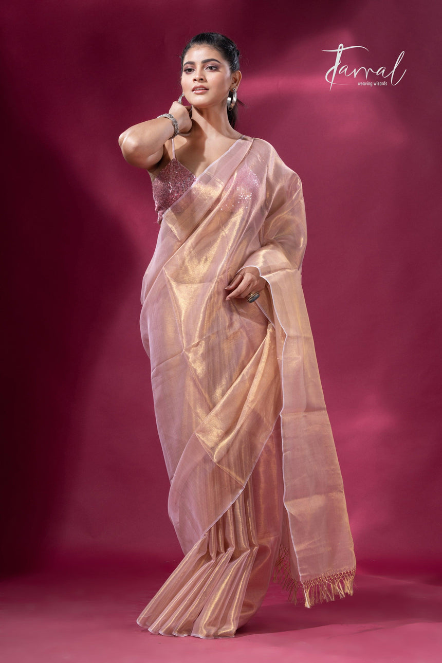 Golden pink organza silk tissue handloom saree - Tamal Boutique