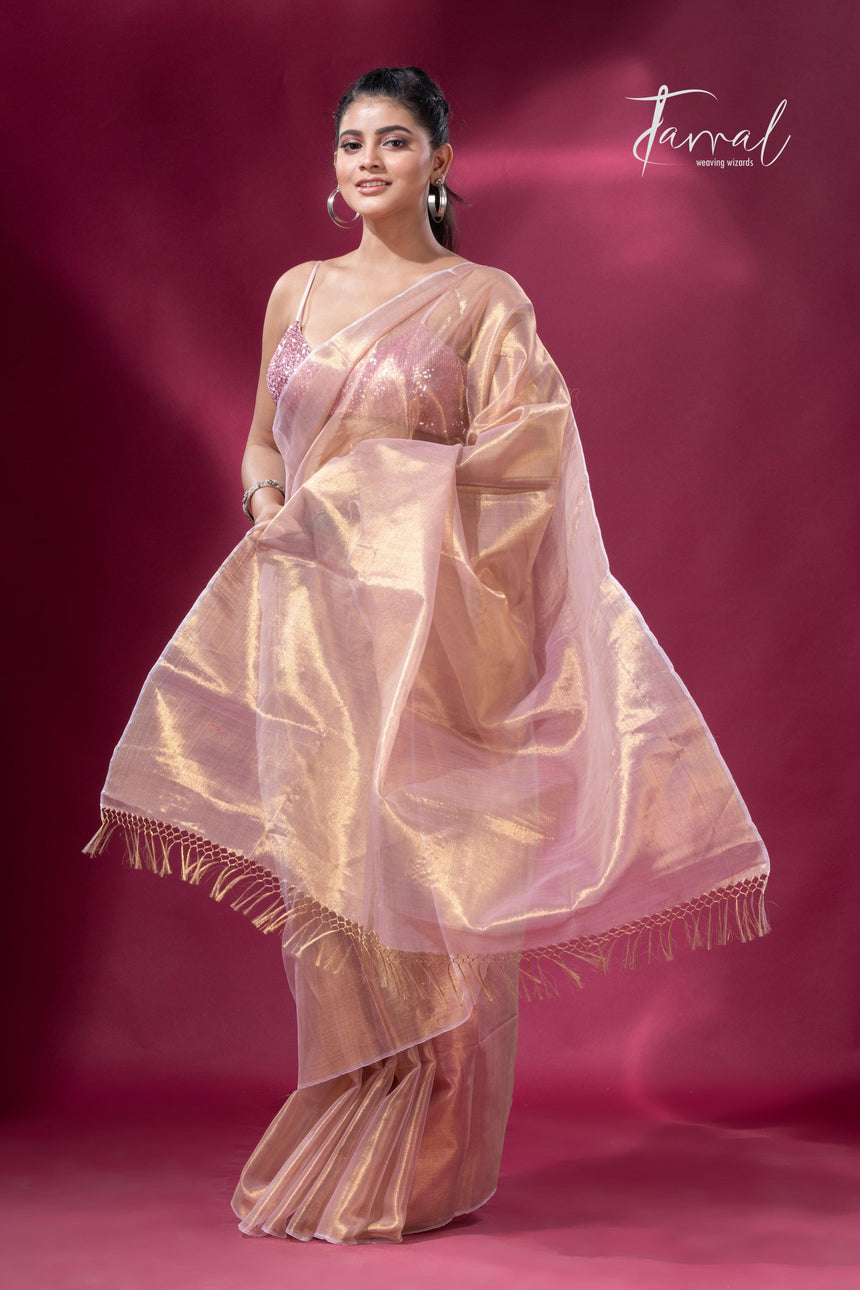 Golden pink organza silk tissue handloom saree - Tamal Boutique
