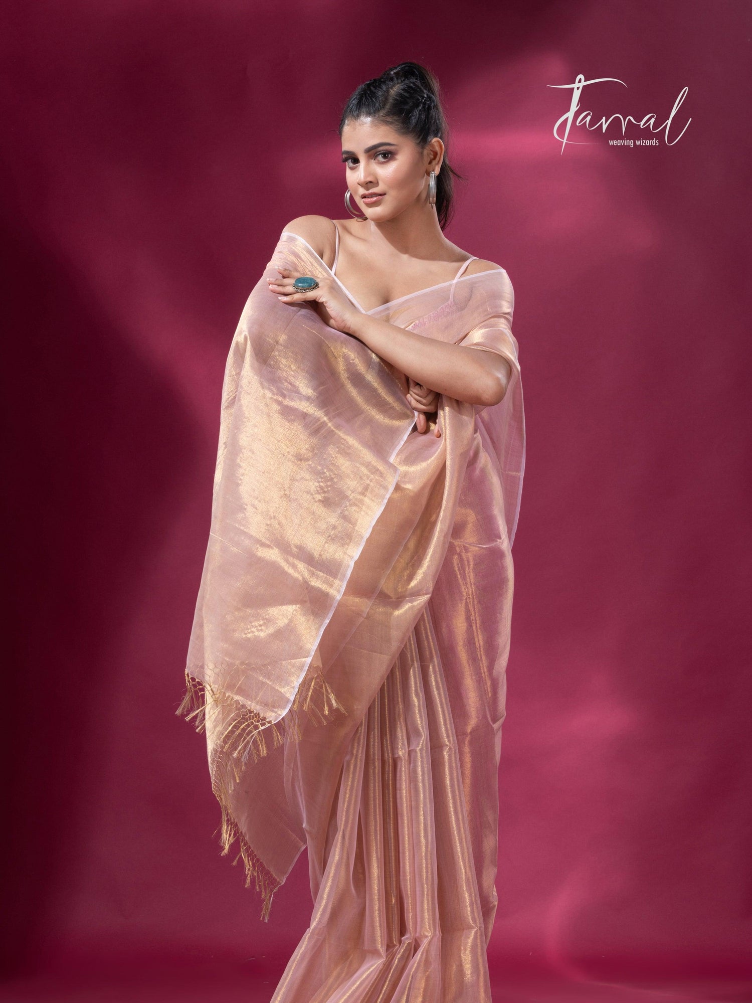 Golden pink organza silk tissue handloom saree - Tamal Boutique