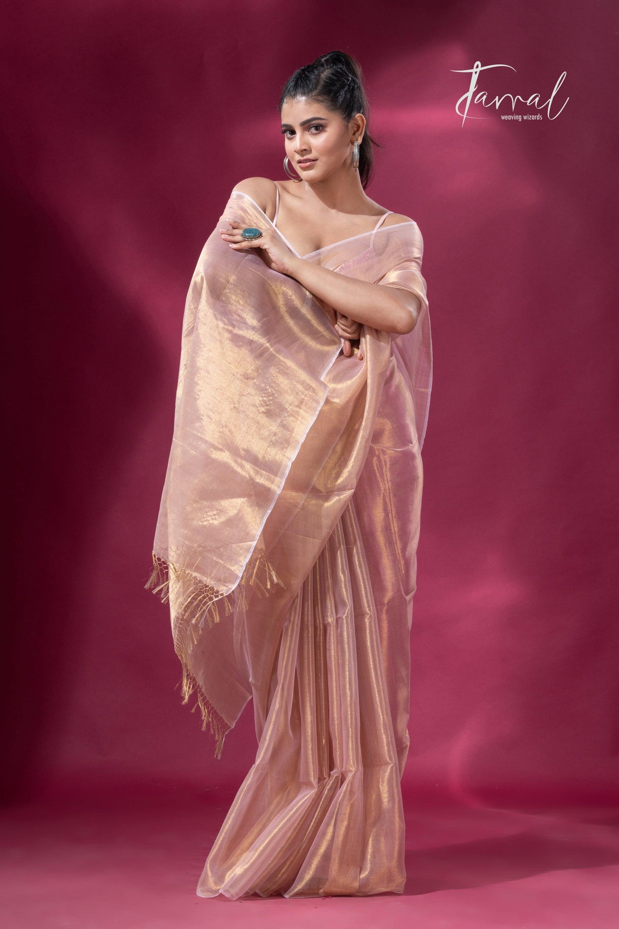 Golden pink organza silk tissue handloom saree - Tamal Boutique
