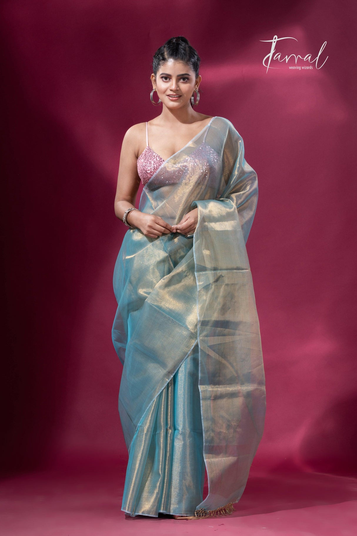 Golden sea green organza tissue handloom saree - Tamal Boutique