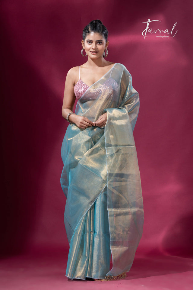 Golden sea green organza tissue handloom saree - Tamal Boutique