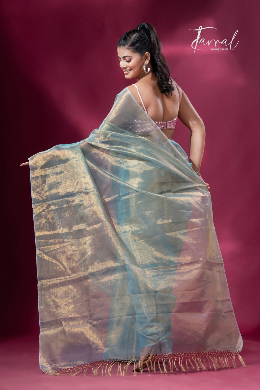 Golden sea green organza tissue handloom saree - Tamal Boutique