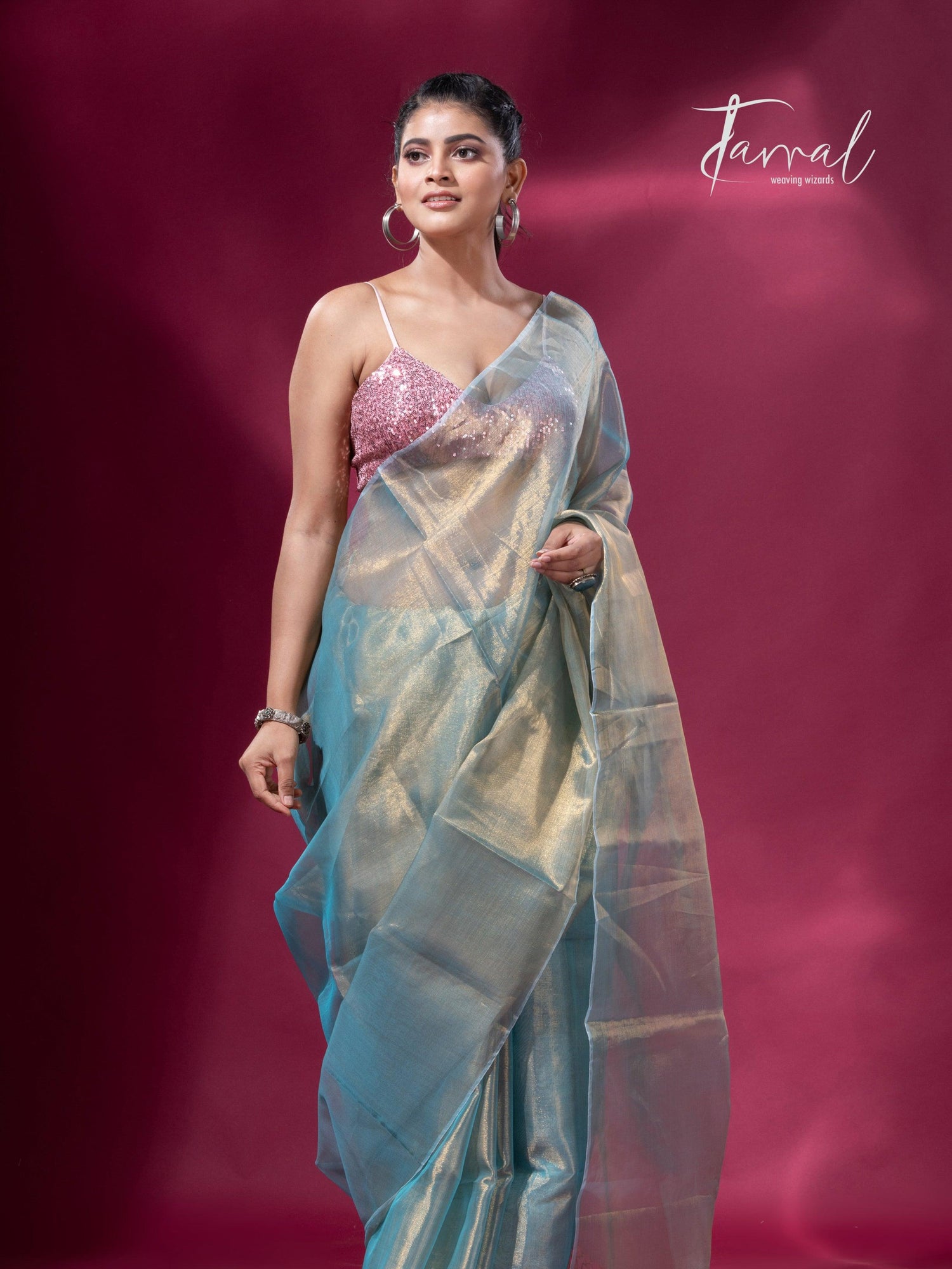 Golden sea green organza tissue handloom saree - Tamal Boutique