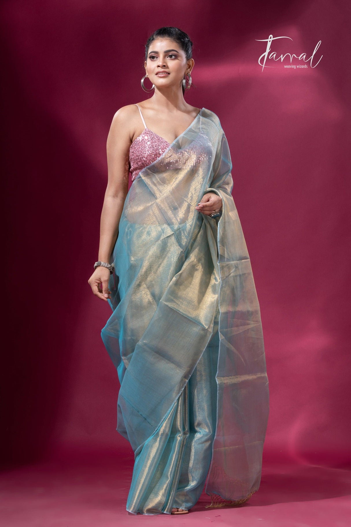 Golden sea green organza tissue handloom saree - Tamal Boutique