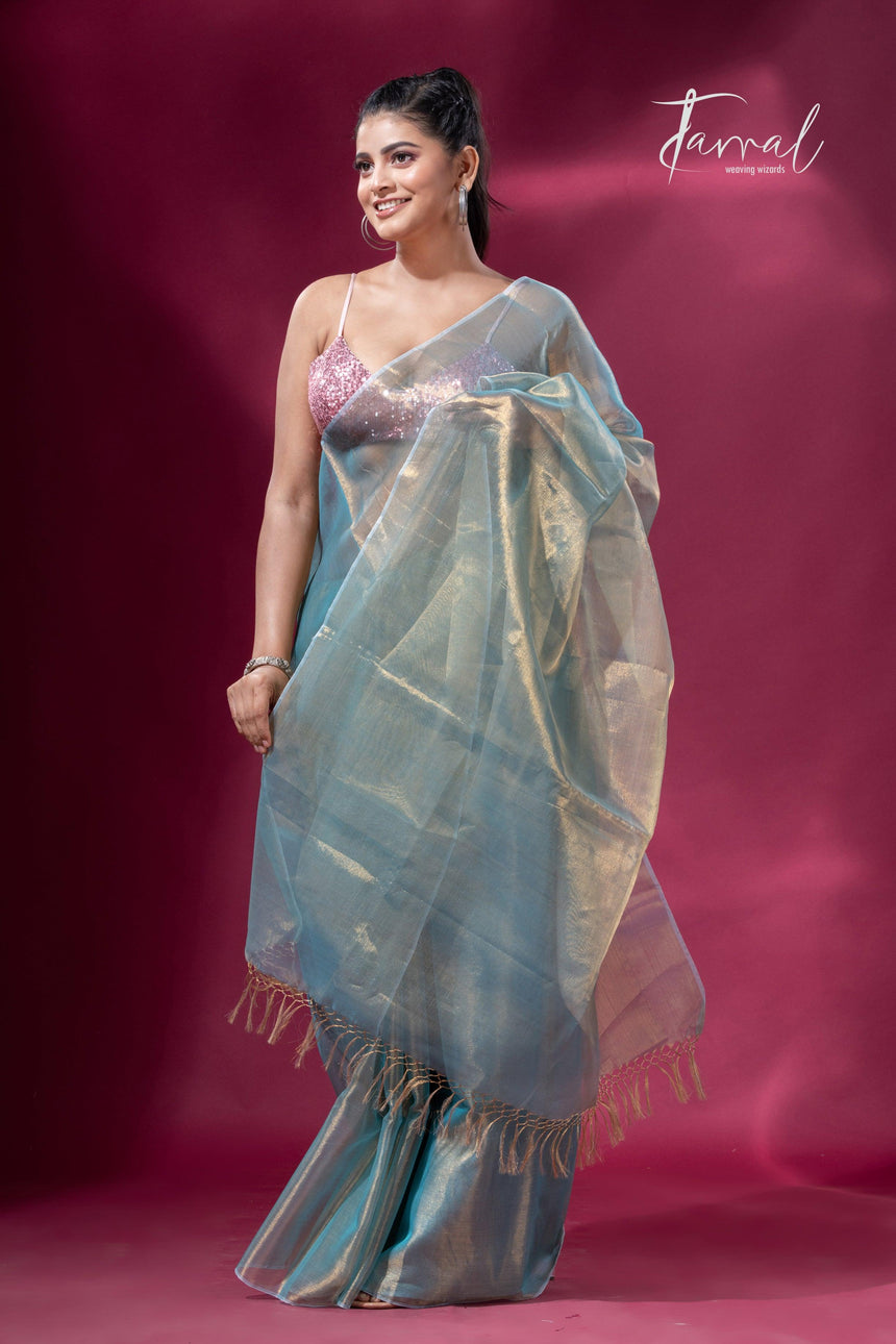 Golden sea green organza tissue handloom saree - Tamal Boutique