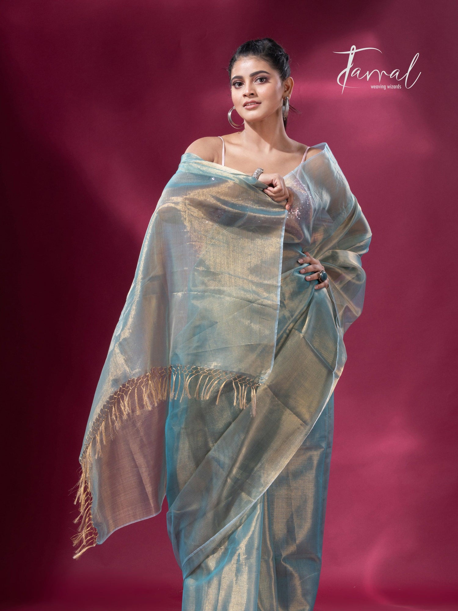 Golden sea green organza tissue handloom saree - Tamal Boutique