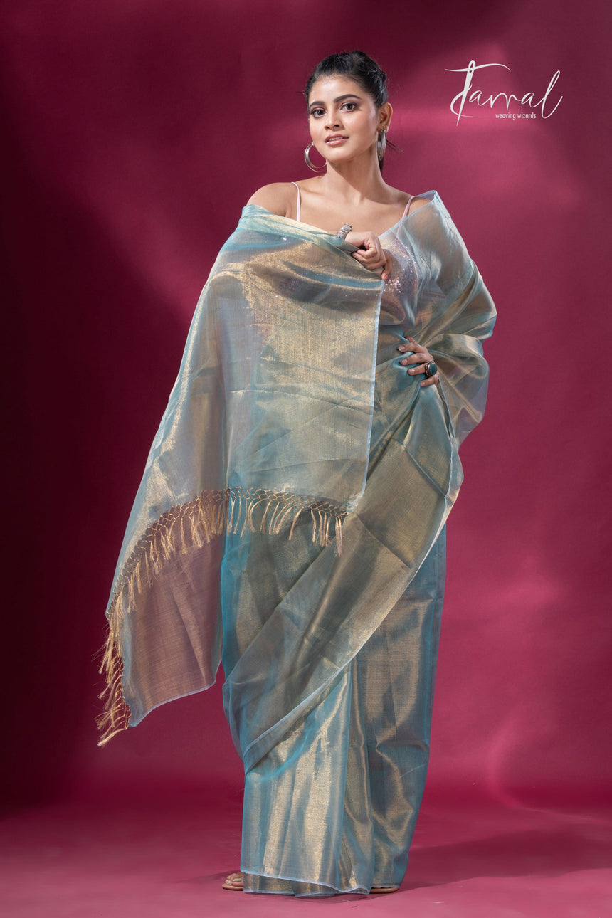 Golden sea green organza tissue handloom saree - Tamal Boutique