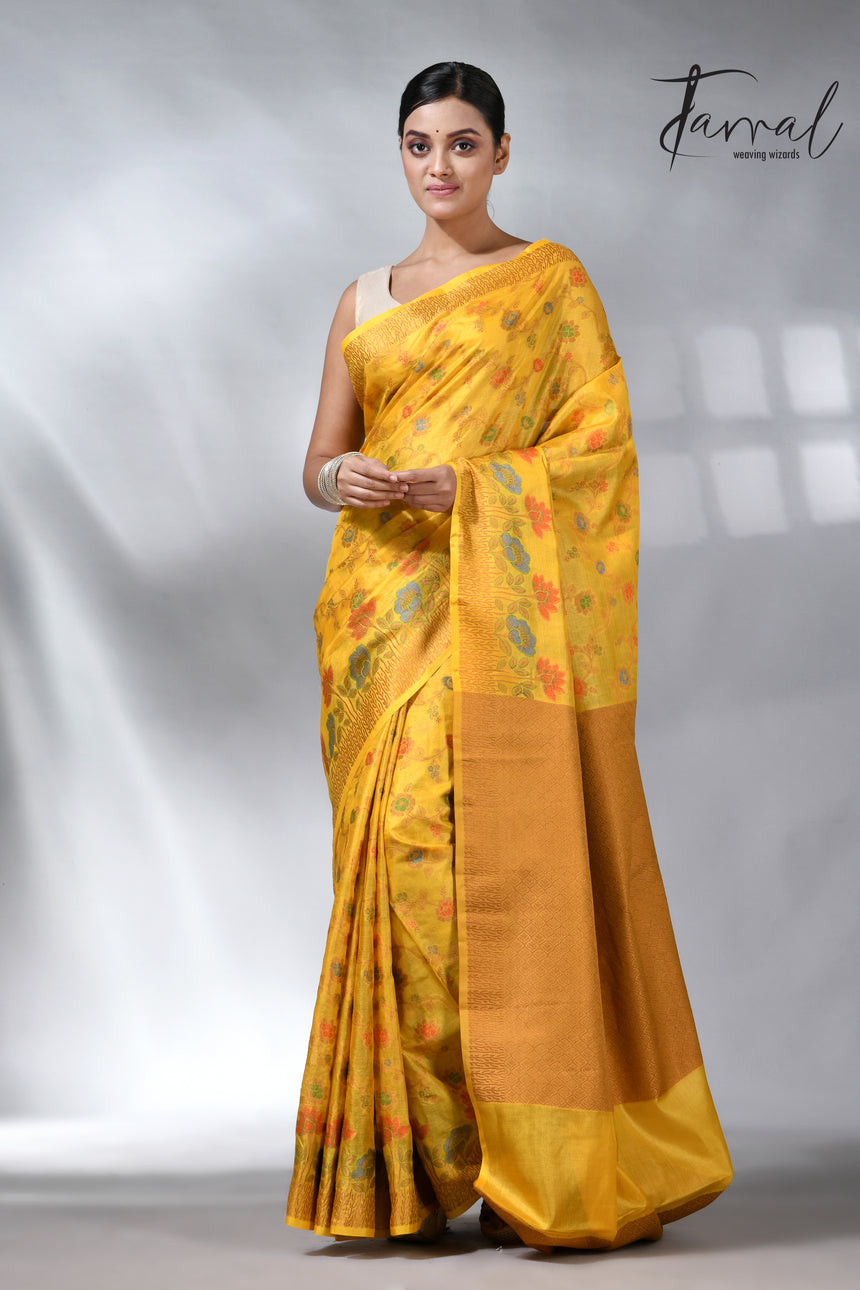 Golden yellow allover handloom tussar banarasi silk saree