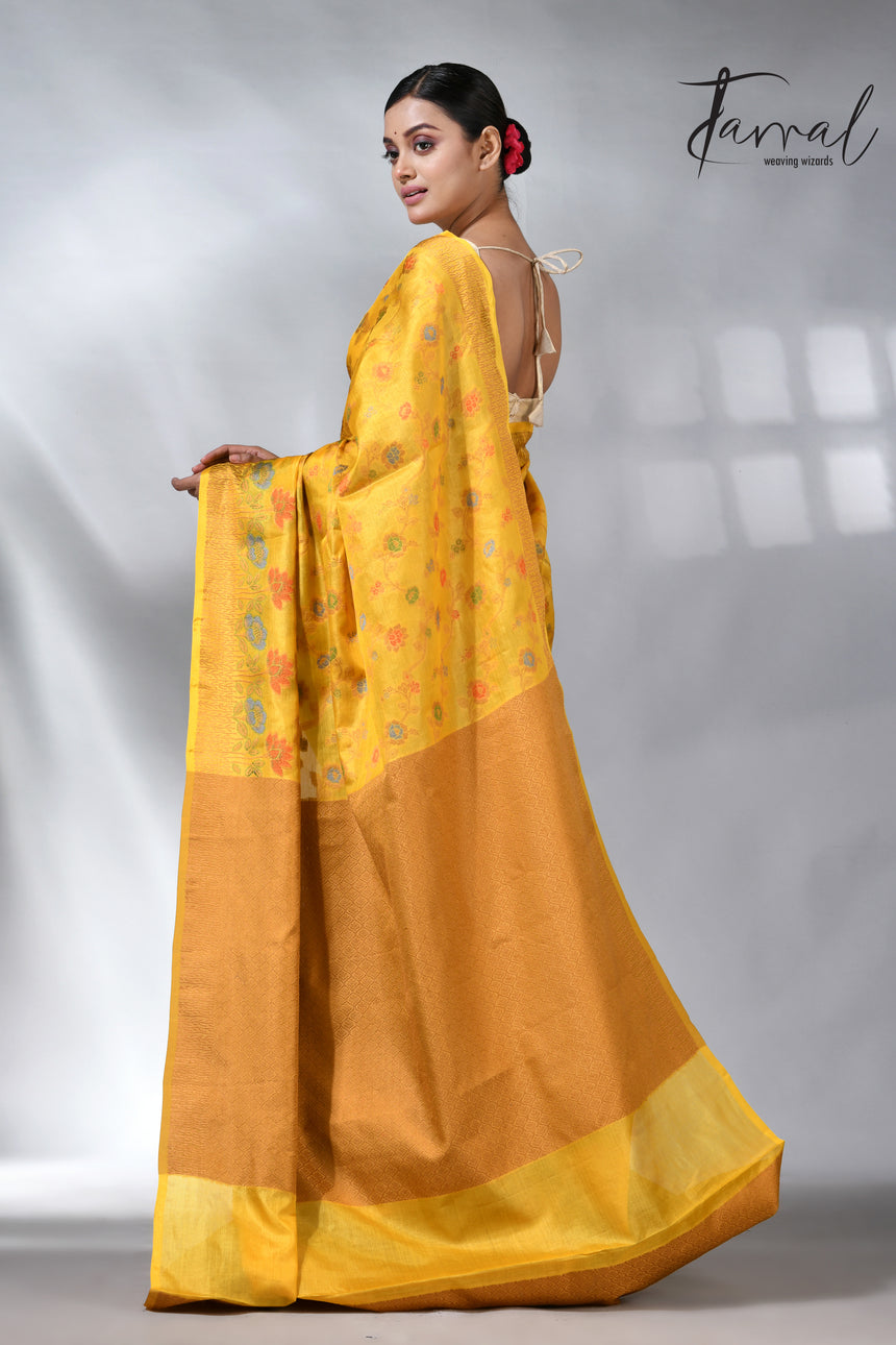 Golden yellow allover handloom tussar banarasi silk saree