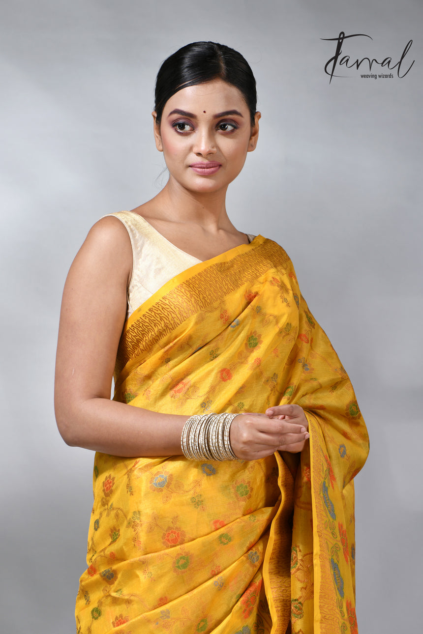 Golden yellow allover handloom tussar banarasi silk saree