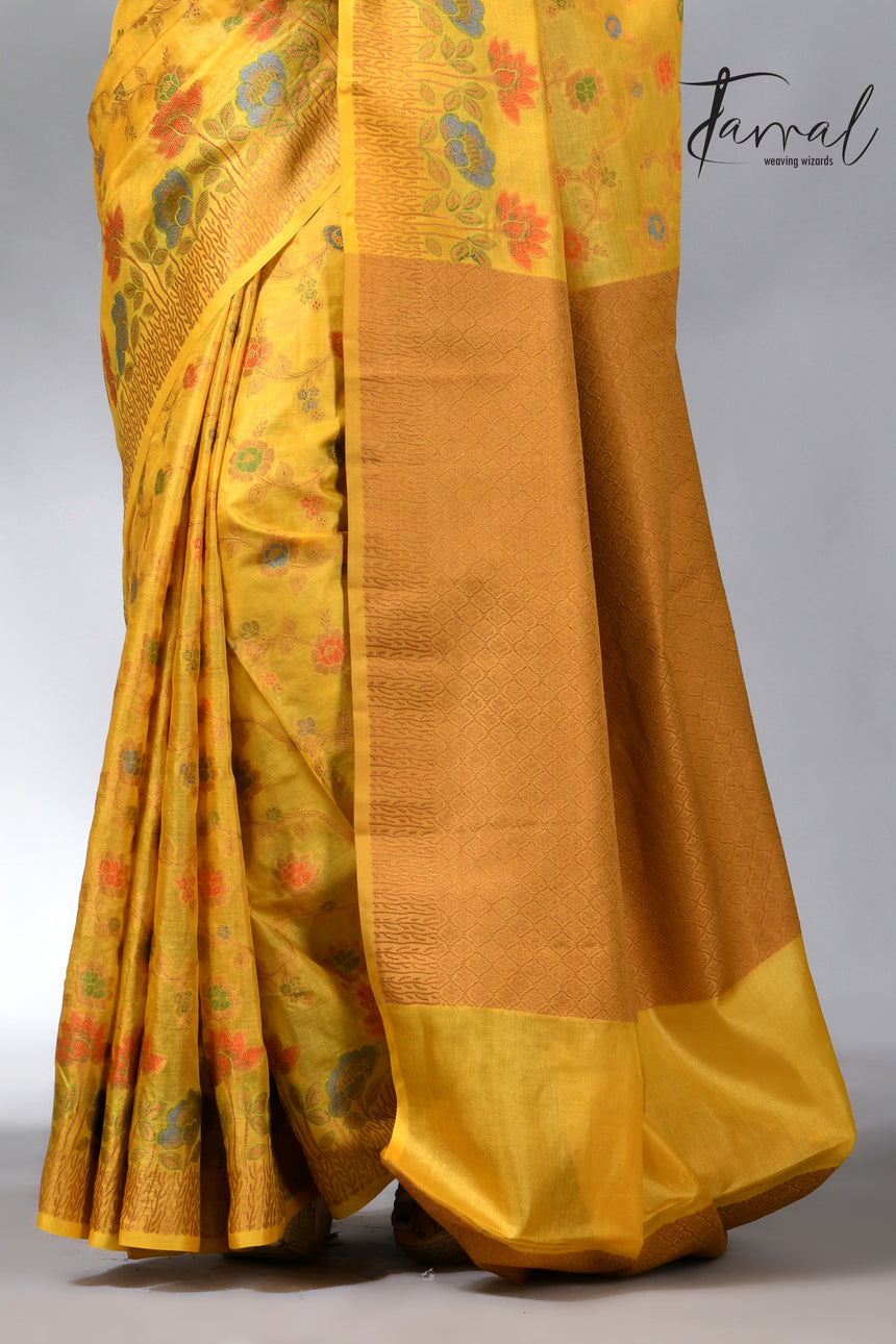 Golden yellow allover handloom tussar banarasi silk saree