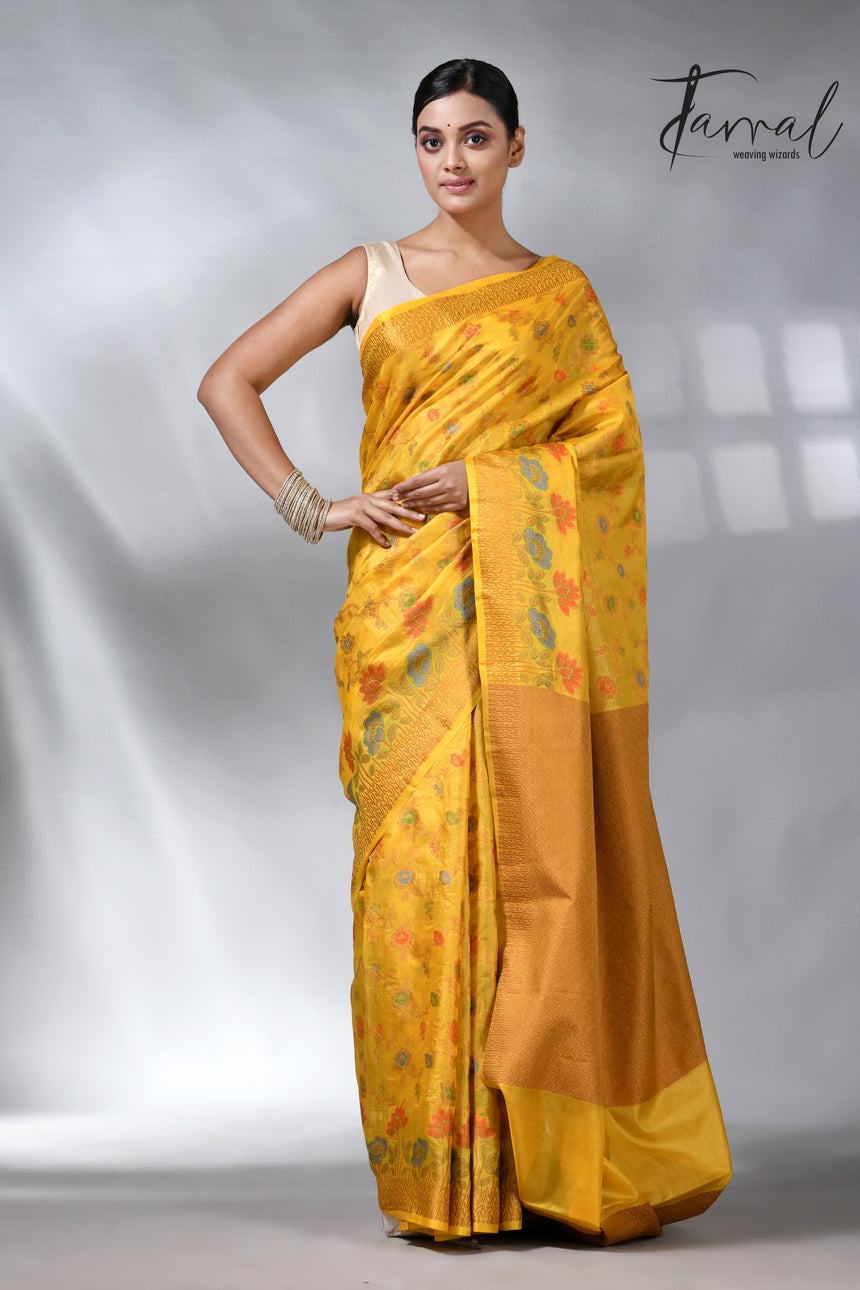 Golden yellow allover handloom tussar banarasi silk saree