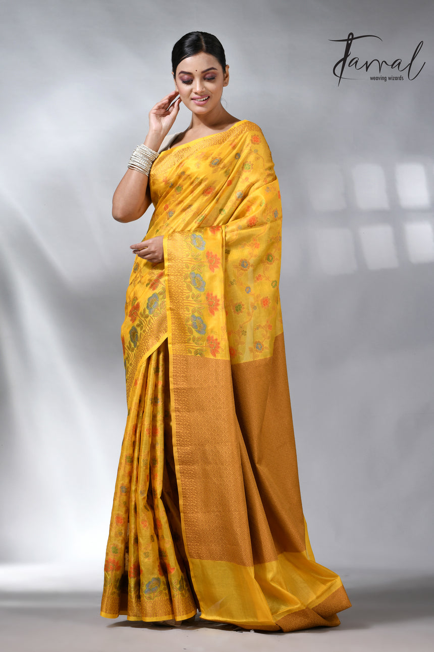 Golden yellow allover handloom tussar banarasi silk saree