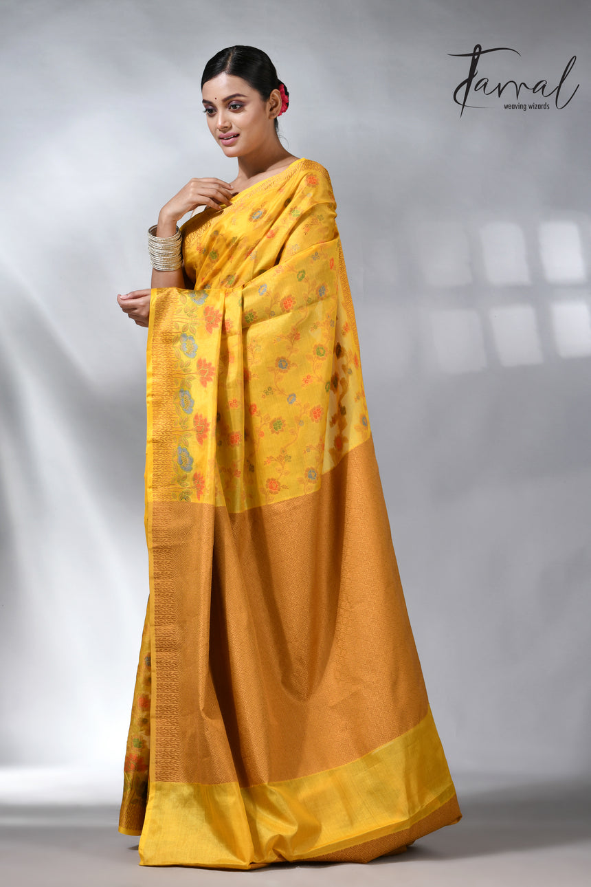 Golden yellow allover handloom tussar banarasi silk saree