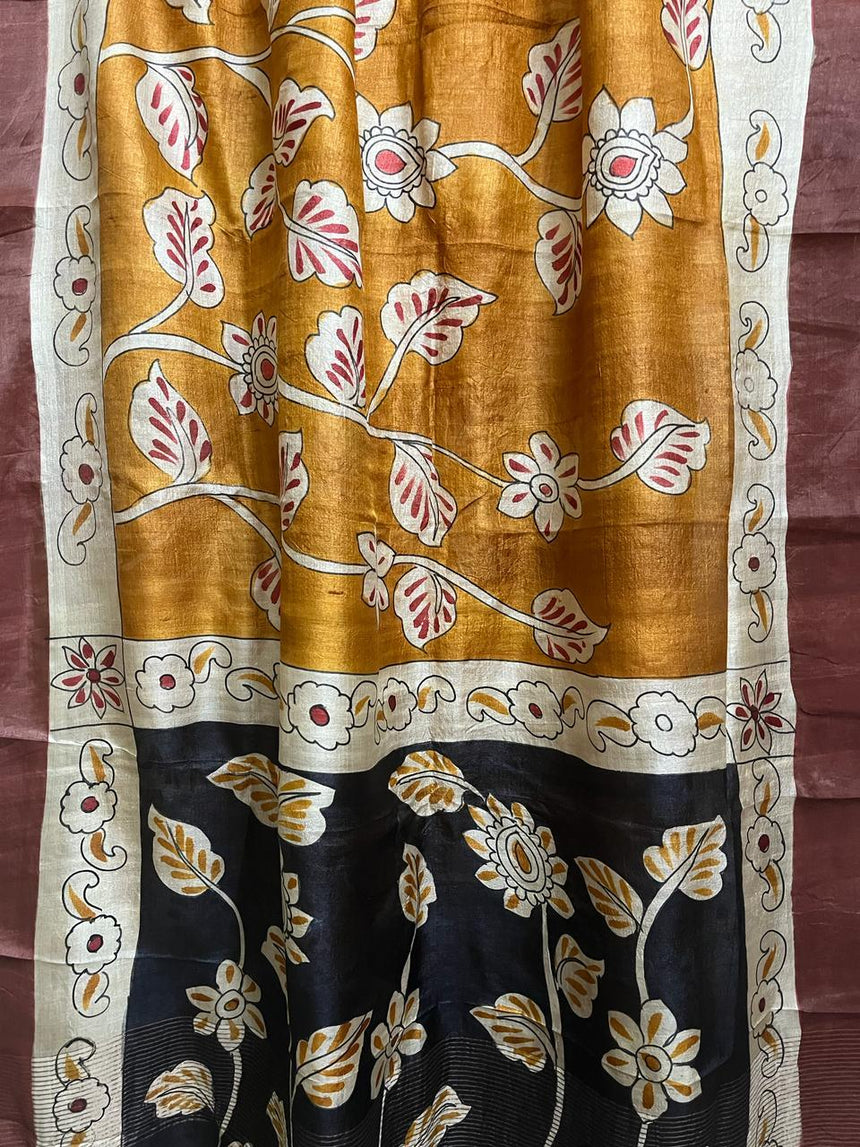 Golden yellow with black pallu hand painted tusser silk saree - Tamal Boutique
