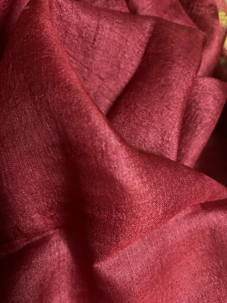 Golden yellow with black pallu hand painted tusser silk saree - Tamal Boutique