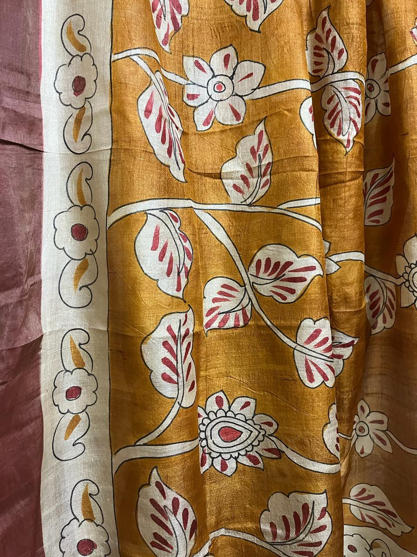 Golden yellow with black pallu hand painted tusser silk saree - Tamal Boutique