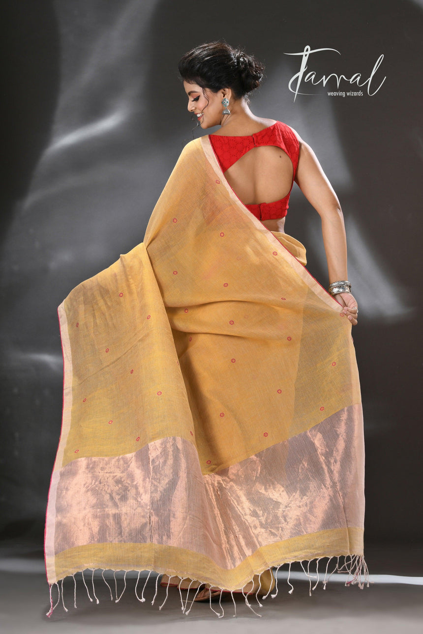 Golden yellow with red & zari border pure linen with tissue pallu handwoven jamadani saree - Tamal Boutique