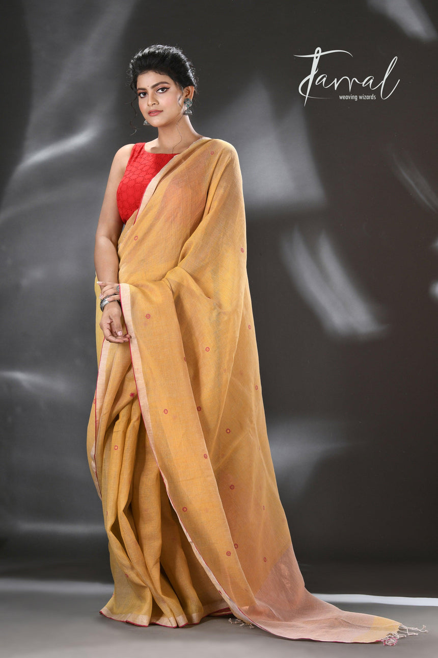 Golden yellow with red & zari border pure linen with tissue pallu handwoven jamadani saree - Tamal Boutique
