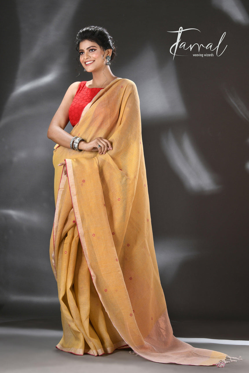 Golden yellow with red & zari border pure linen with tissue pallu handwoven jamadani saree - Tamal Boutique