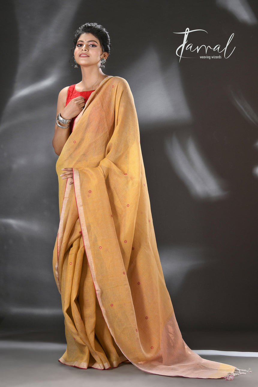 Golden yellow with red & zari border pure linen with tissue pallu handwoven jamadani saree - Tamal Boutique