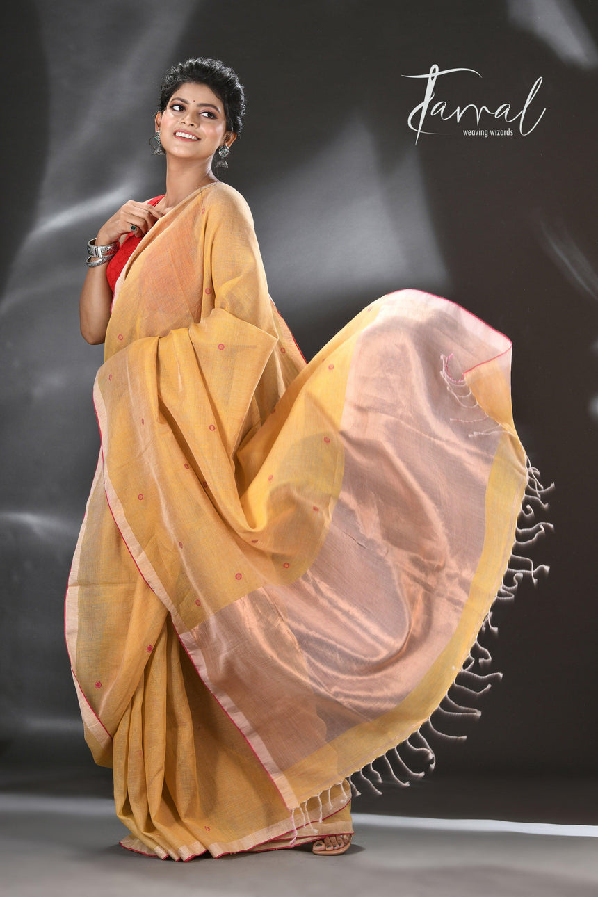 Golden yellow with red & zari border pure linen with tissue pallu handwoven jamadani saree - Tamal Boutique