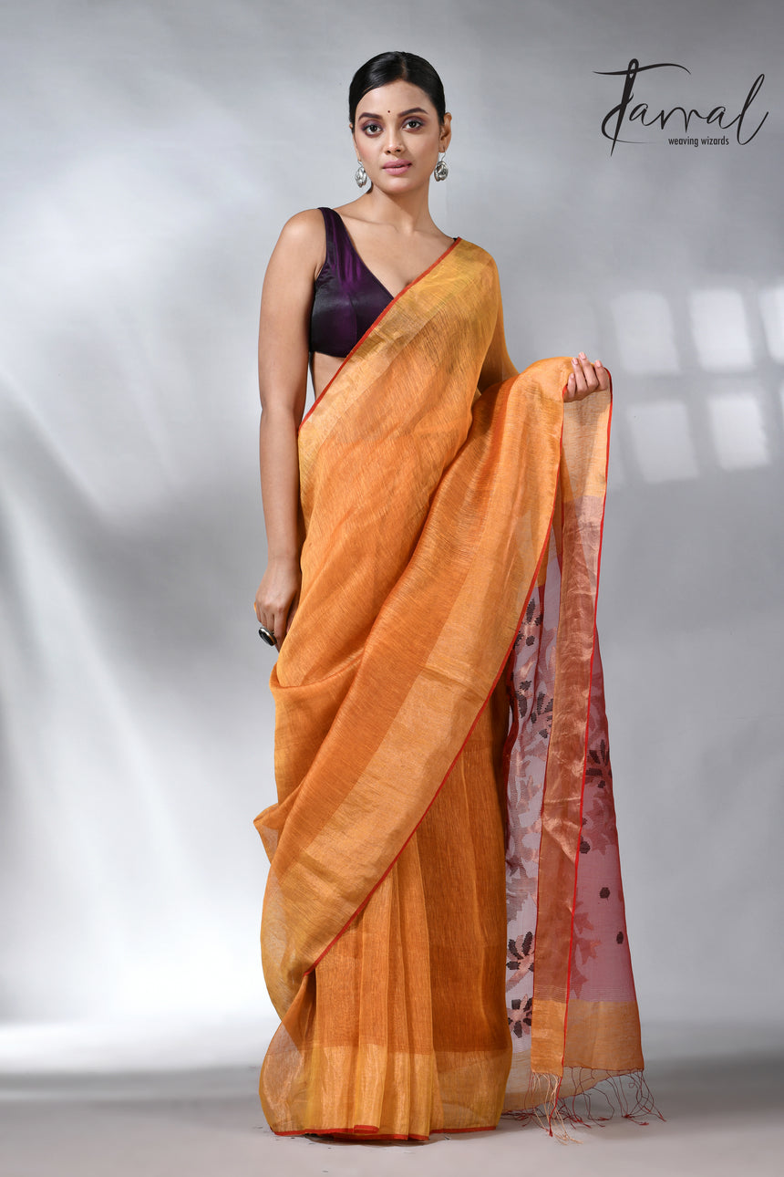 Golden yellow silk linen kora pallu handwoven jamdani saree