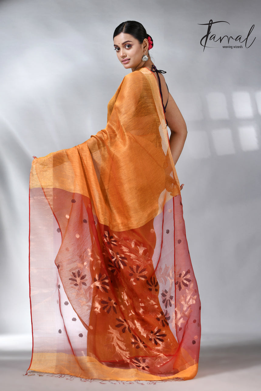 Golden yellow silk linen kora pallu handwoven jamdani saree