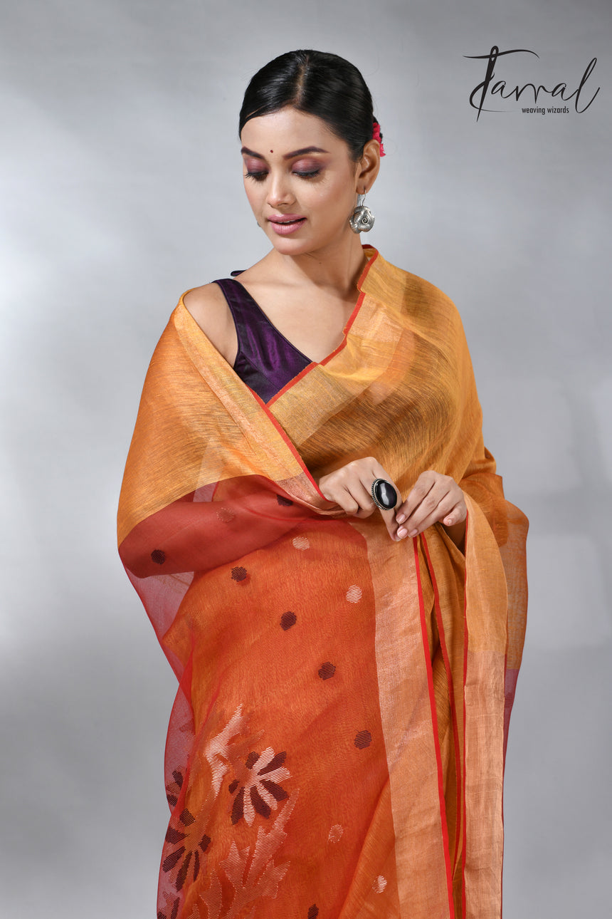 Golden yellow silk linen kora pallu handwoven jamdani saree