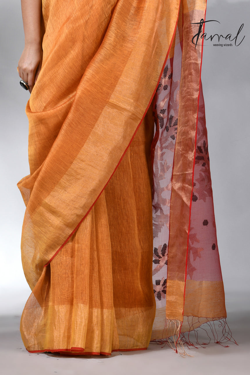 Golden yellow silk linen kora pallu handwoven jamdani saree