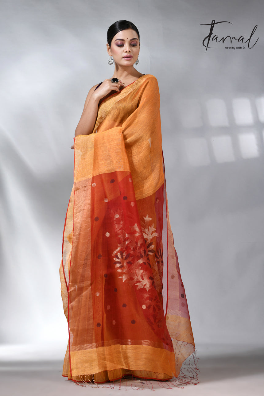 Golden yellow silk linen kora pallu handwoven jamdani saree