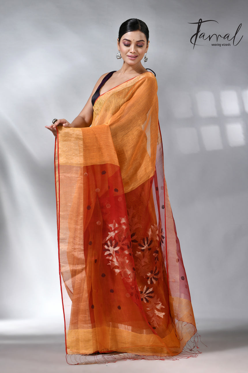 Golden yellow silk linen kora pallu handwoven jamdani saree