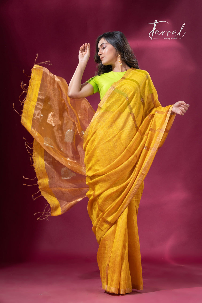 Golden yellow tissue matka muslin handloom jamdani saree
