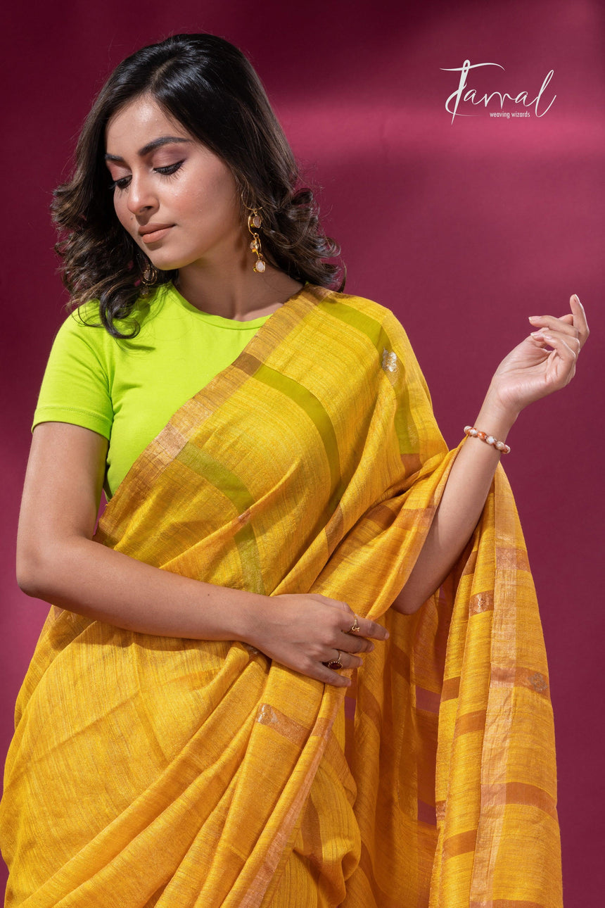 Golden yellow tissue matka muslin handloom jamdani saree cls