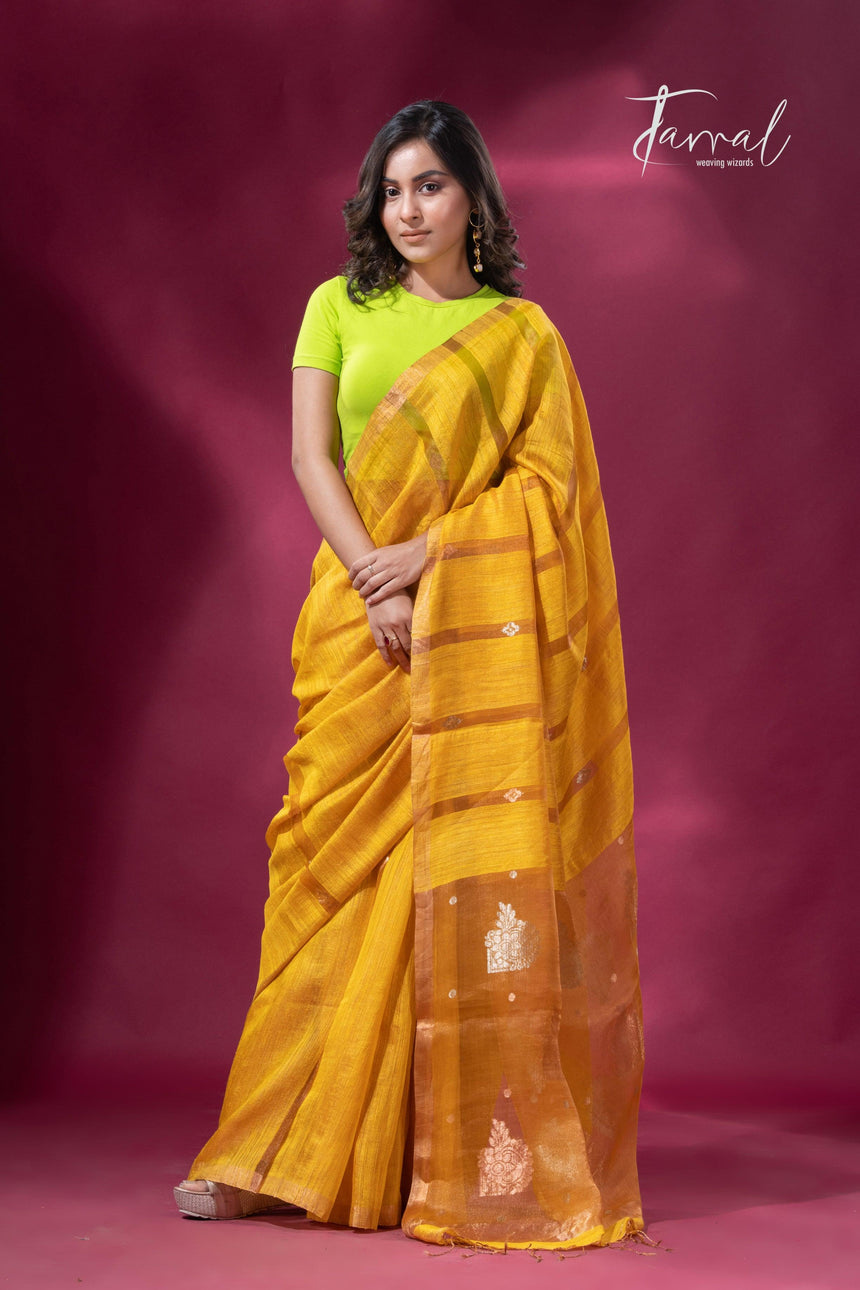 Golden yellow tissue matka muslin handloom jamdani saree full