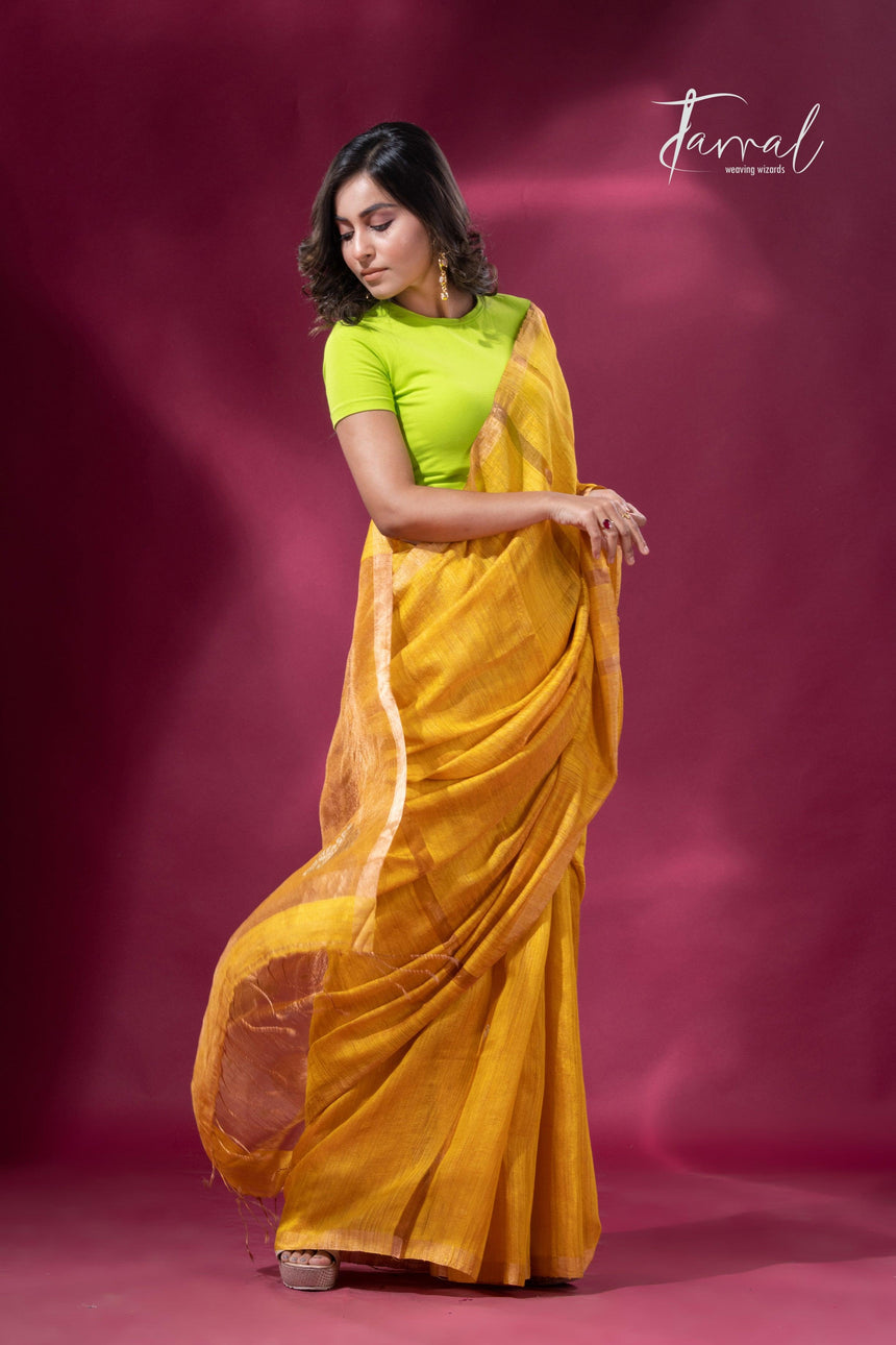 Golden yellow tissue matka muslin handloom jamdani saree left