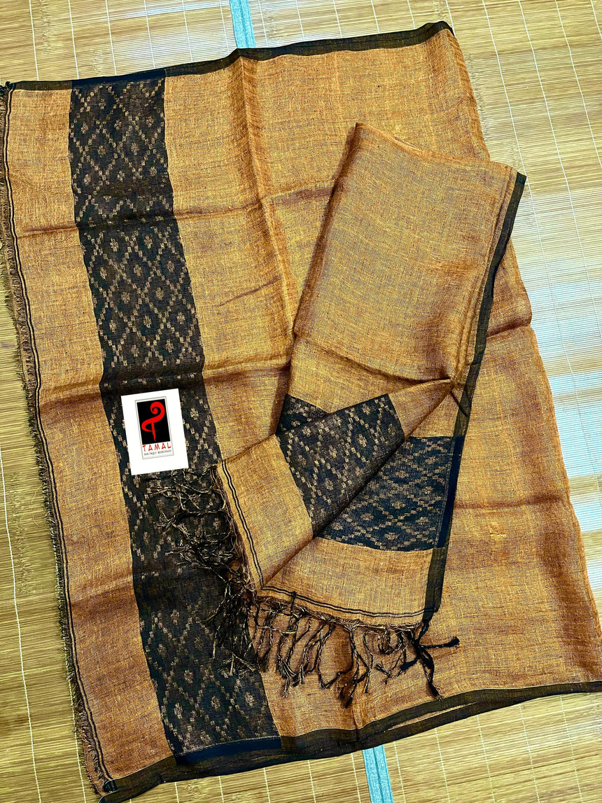 Golden yellow with black tissue linen kurti set - Tamal Boutique