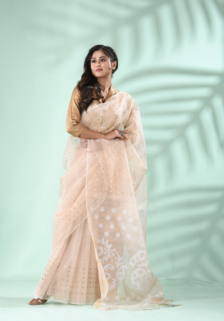 Golden beige pure tissue muslin handwoven jamdani sequins saree - Tamal Boutique