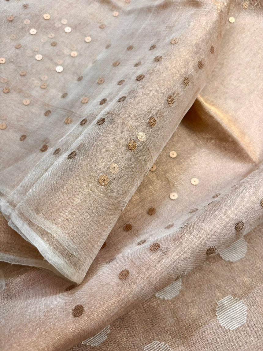 Golden beige pure tissue muslin handwoven jamdani sequins saree - Tamal Boutique