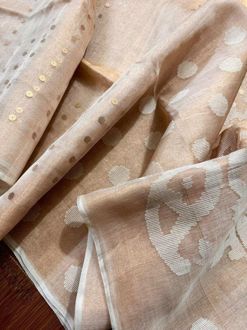 Golden beige pure tissue muslin handwoven jamdani sequins saree - Tamal Boutique
